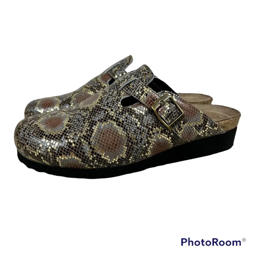 NAOT Elegant Autumn Golden Python Print Leather Slip On Clogs - Picture 1 of 15
